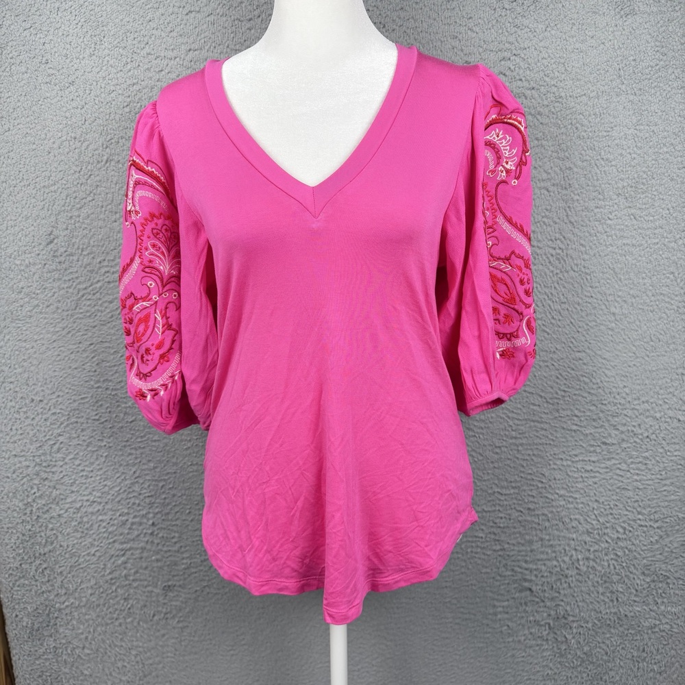 Hale Bob Los Angeles Top Womens XS Pink Embroidered Puff Sleeve V Neck Preppy